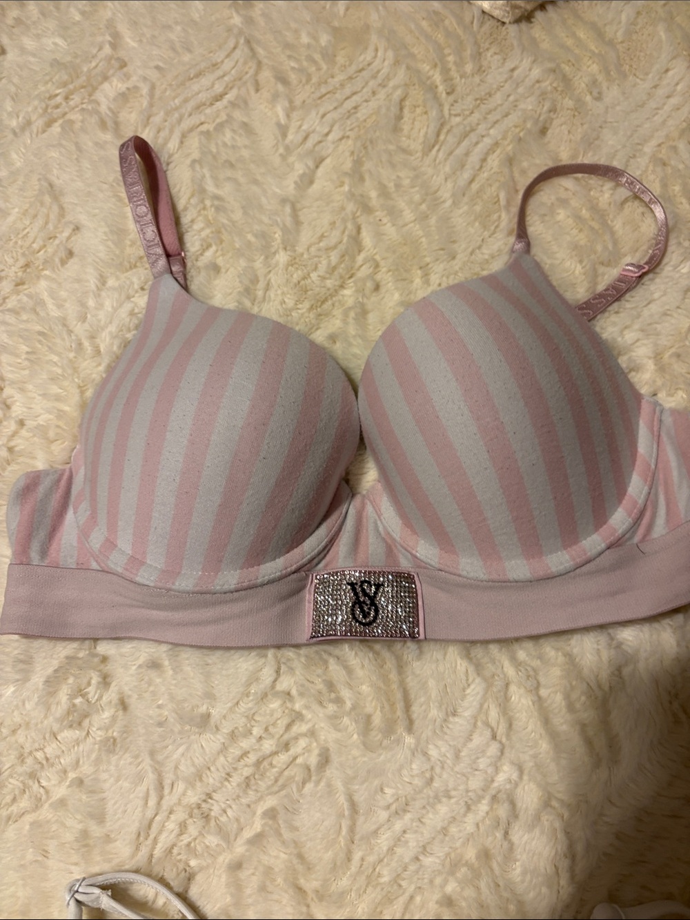 Striped Light Pink & White Padded Bra with Crystal Accent